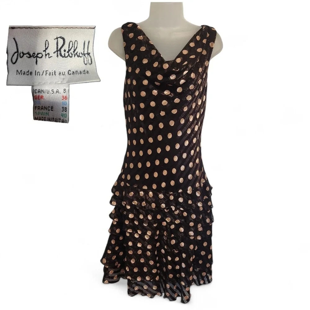 Vtg Joseph Ribkoff Size 8 Brown Polka Dot Sheath Dress Tiered Ruffles Cowl Neck - Picture 1 of 11